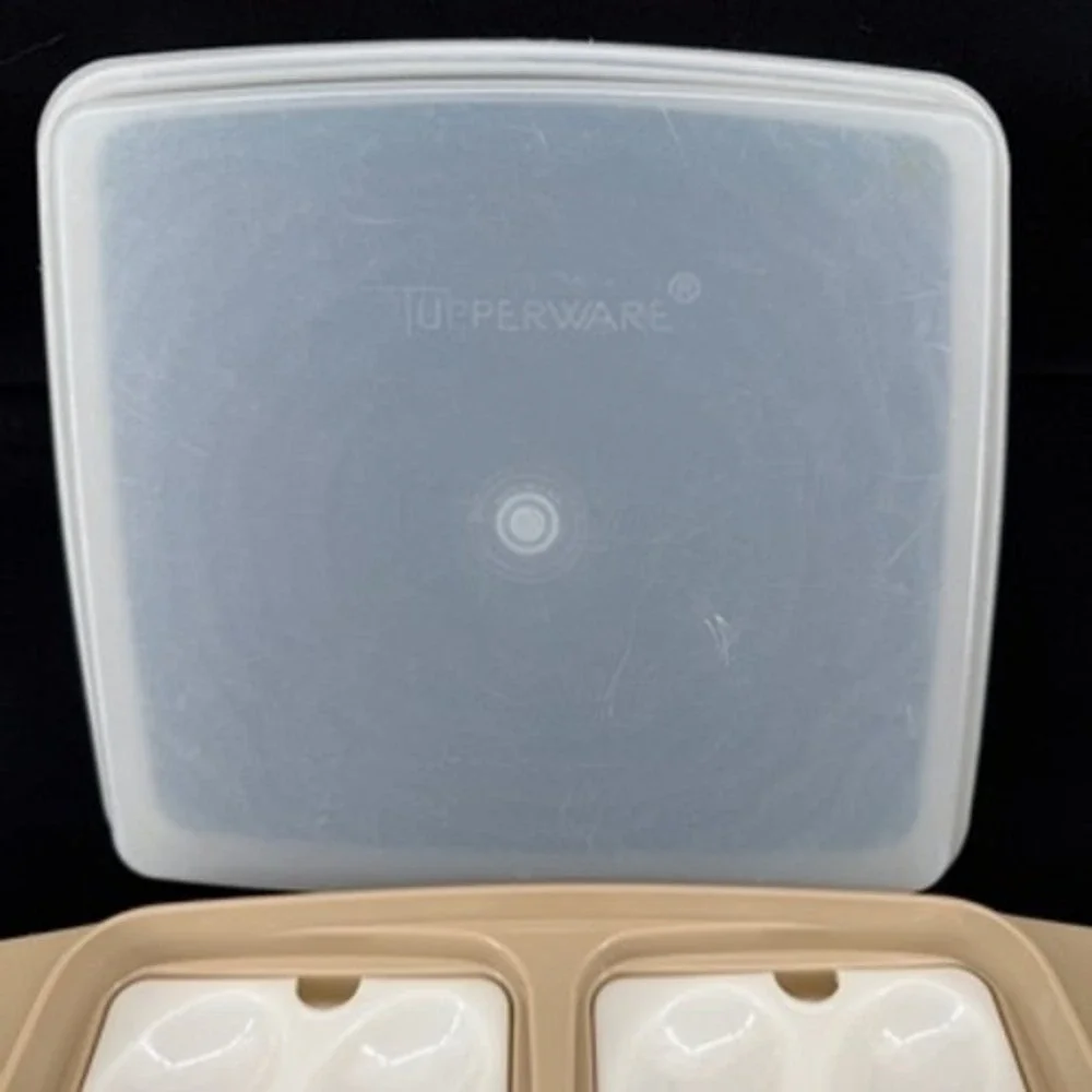 Vintage Tupperware Deviled Egg Keeper 723 Almond Beige 16 Slot Carrier with Lid